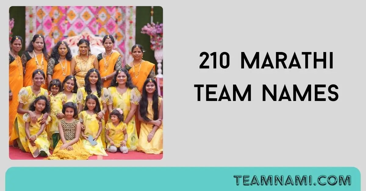 A creative collage of Marathi team names in stylish fonts and traditional Marathi themes